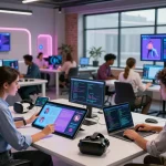 Innovative tech hub showcasing sex AI applications with diverse experts collaborating in a modern workspace.