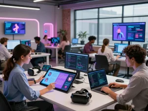 Innovative tech hub showcasing sex AI applications with diverse experts collaborating in a modern workspace.
