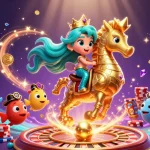 Experience thrilling gameplay with hi77 as a mermaid princess rides a powerful seahorse amid colorful gems and coins.