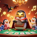 Experience keonhacai with a whimsical penguin playing a golden organ amidst rich casino elements.
