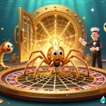 Experience thrilling bets with Debet at a vibrant casino scene of a golden spider spinning a roulette wheel.