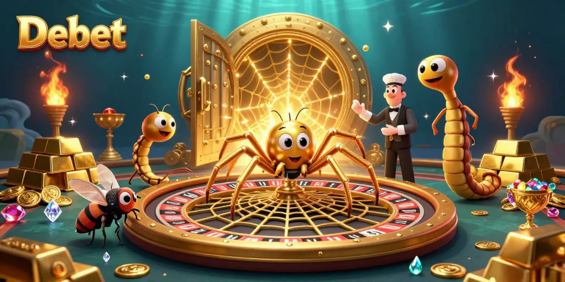 Experience thrilling bets with Debet at a vibrant casino scene of a golden spider spinning a roulette wheel.
