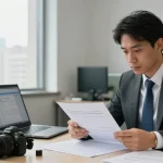 Forensic auditor analyzing documents at aafikotabandungb.org office, emphasizing professionalism and accuracy in financial investigations.
