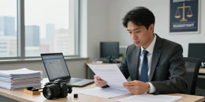 Forensic auditor analyzing documents at aafikotabandungb.org office, emphasizing professionalism and accuracy in financial investigations.