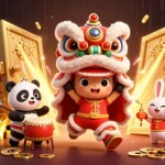Experience the vibrant charm of Debet with a lively casino illustration featuring a lion dance.