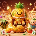 Engage in exciting gaming action at lc88 with a vibrant casino scene featuring a golden pineapple king and rich decorations.