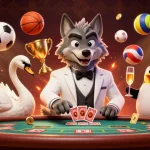 Experience Topbet with a debonair wolf, elegant swan, and sophisticated penguin in a vibrant casino scene.
