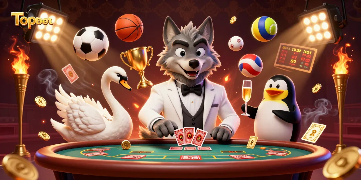 Experience Topbet with a debonair wolf, elegant swan, and sophisticated penguin in a vibrant casino scene.