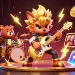 Zowin's thrilling casino illustration features a rock star wolf and a drummer bear surrounded by vibrant slot game elements.