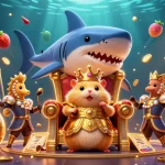 Win big at regroup with the tiny golden hamster king on his tooth throne, surrounded by vibrant casino elements.