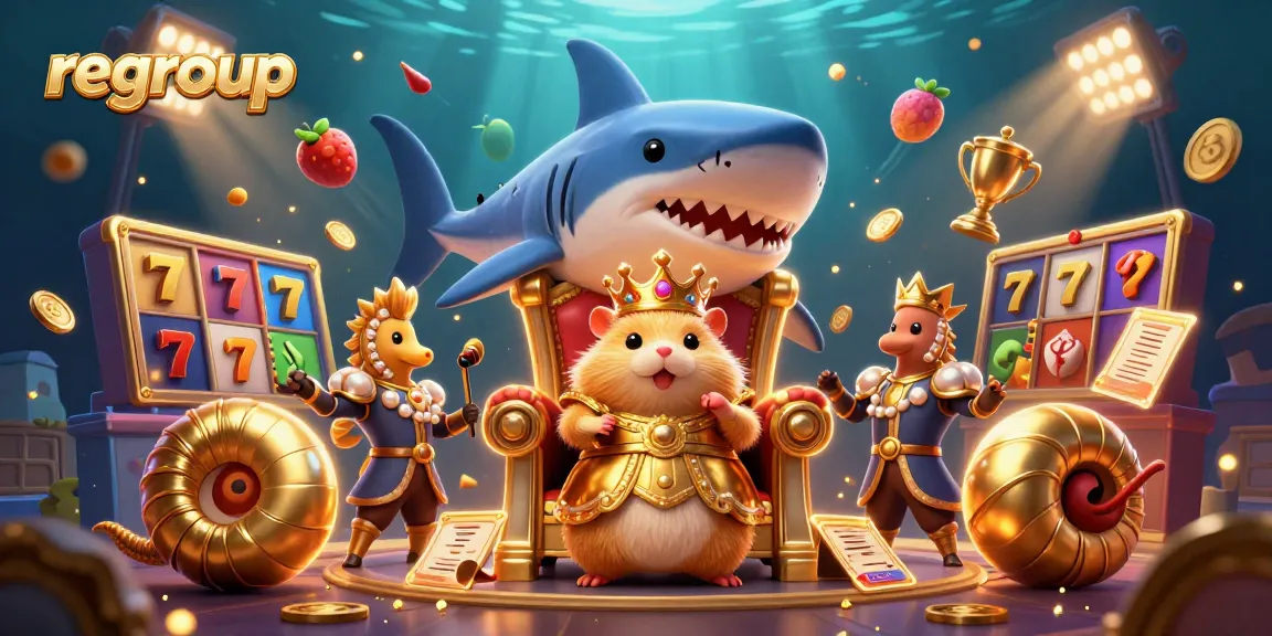 Win big at regroup with the tiny golden hamster king on his tooth throne, surrounded by vibrant casino elements.