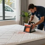 Bed bug heat treatment by exterminator in a modern bedroom setting, showcasing effective pest control.