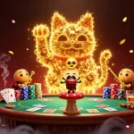 Engage with the dynamic world of ev88 as golden fireflies form a lucky cat amidst vibrant casino action.