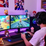 Player enjoying a vibrant hentai game at a modern gaming setup with anime decor and dual monitors.