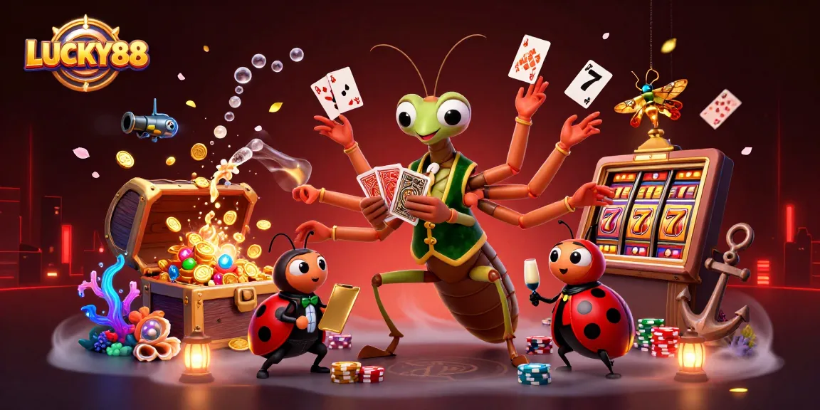 Engage with LUCKY88's thrilling casino world featuring a vibrant mantis dealer and slot themes.