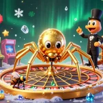 Experience the excitement of Link Sunwin as a fly nervously bets at a roulette wheel spun by a golden spider