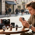 Admiring super clone watches in an elegant urban setting with luxury details and warm lighting.