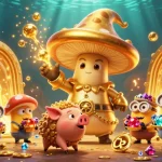 VIN88 captivates with a magical 3D casino scene displaying a wizard and treasure hunting with vibrant gems.