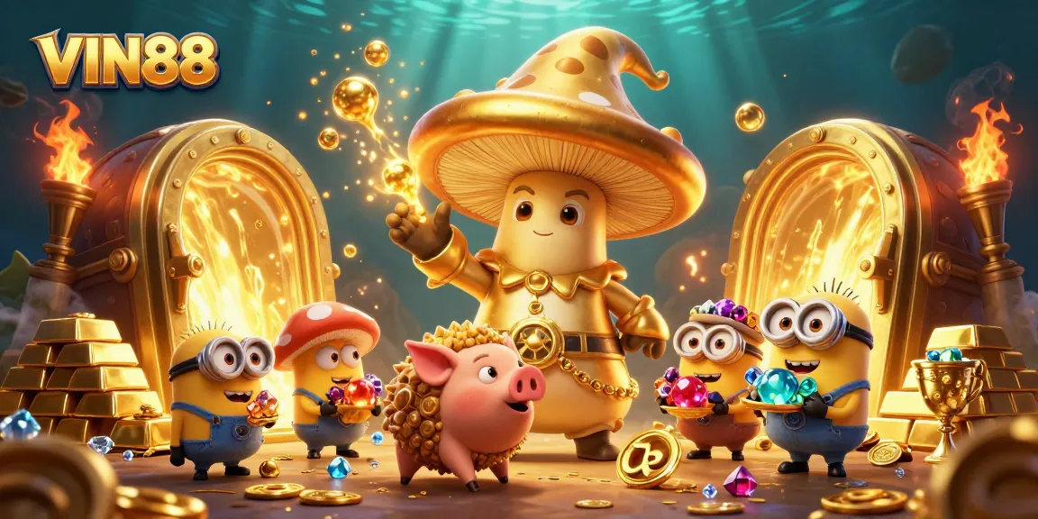 VIN88 captivates with a magical 3D casino scene displaying a wizard and treasure hunting with vibrant gems.