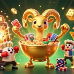 Engage with vibrant game b52 action featuring a cartoon ramen bowl dealer and exciting casino elements.