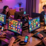 Dynamic gaming scene with players enjoying Bonus Buy slots at crownnorthill.co.uk, showcasing vibrant slot graphics and gaming atmosphere.