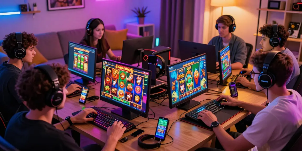 Dynamic gaming scene with players enjoying Bonus Buy slots at crownnorthill.co.uk, showcasing vibrant slot graphics and gaming atmosphere.