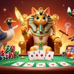 Experience the thrill of sunwin 2026 with a lively 3D illustration of a casino scene featuring a cartoon Egyptian pharaoh cat and gaming elements.