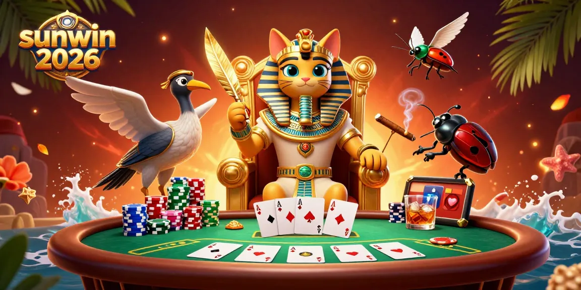 Experience the thrill of sunwin 2026 with a lively 3D illustration of a casino scene featuring a cartoon Egyptian pharaoh cat and gaming elements.