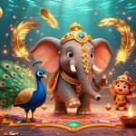 Experience sunwin20's vibrant casino world with a Diwali-themed elephant and peacock in a rich illustration.