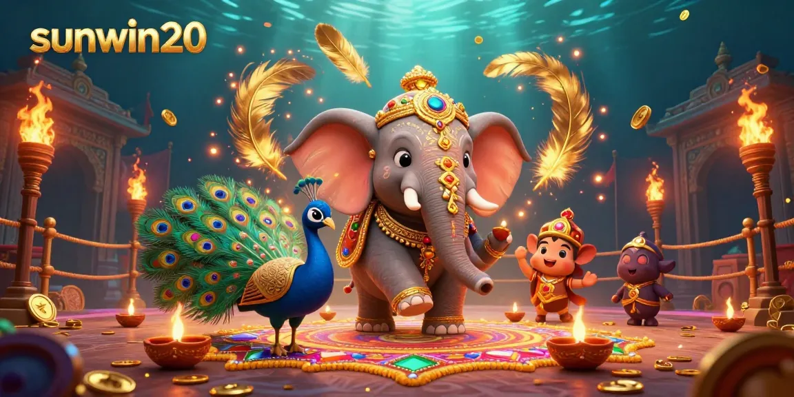 Experience sunwin20's vibrant casino world with a Diwali-themed elephant and peacock in a rich illustration.