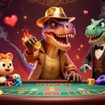 Engage with MM88's vibrant casino atmosphere featuring a stealthy velociraptor card counter amidst colorful arcade elements.