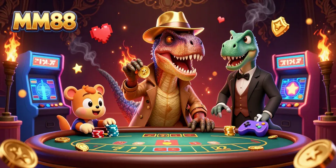 Engage with MM88's vibrant casino atmosphere featuring a stealthy velociraptor card counter amidst colorful arcade elements.