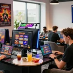 Players engaging with non UK casinos at https://rcnhca.org.uk in vibrant gaming lounge, showcasing excitement and modern design.
