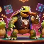 Experience the thrill of apk slot depo 5k with our vibrant 3D illustration of a cartoon turtle and frogs in a casino scene.