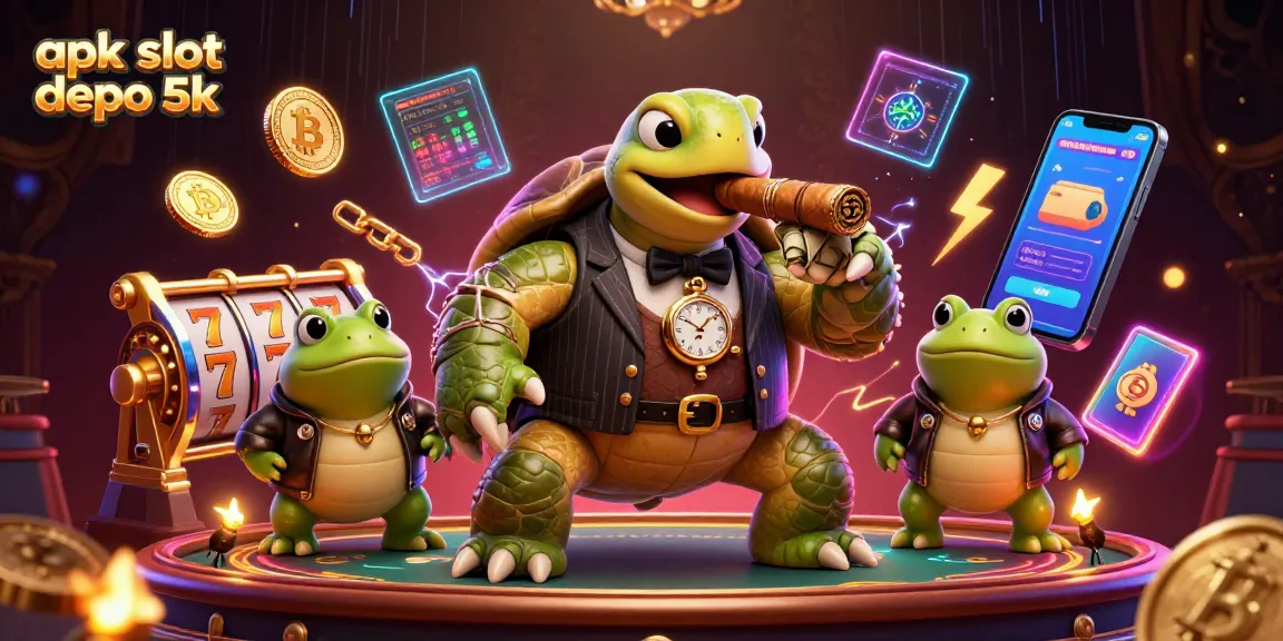 Experience the thrill of apk slot depo 5k with our vibrant 3D illustration of a cartoon turtle and frogs in a casino scene.