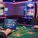 Player engaging at casinos that accept credit cards, using a laptop in an exciting online casino environment with colorful game displays.