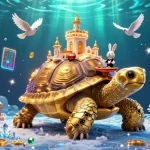 Join the exciting world of da88 slots filled with golden tortoises and flying coins, showcasing vibrant casino energy.