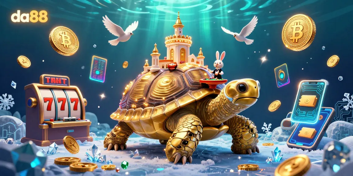 Join the exciting world of da88 slots filled with golden tortoises and flying coins, showcasing vibrant casino energy.
