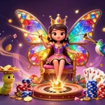 Engage with NOHU90's vibrant casino world featuring a butterfly queen, chips, and golden treasures.