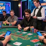 Excited players at online casinos that accept credit cards, engaging with games and smartphones, showcasing vibrant and dynamic atmosphere.