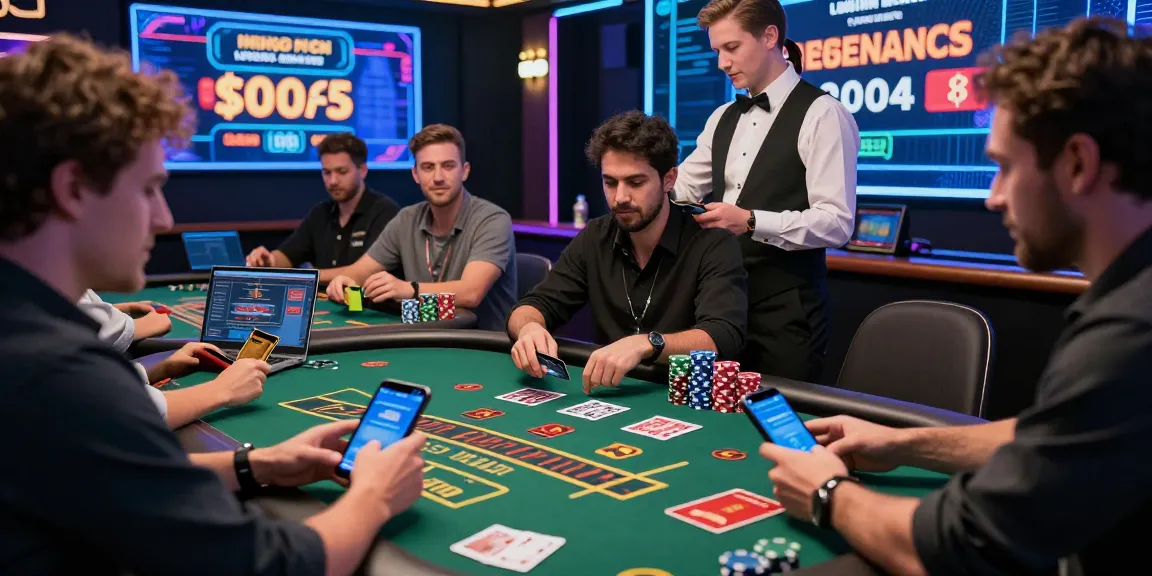 Excited players at online casinos that accept credit cards, engaging with games and smartphones, showcasing vibrant and dynamic atmosphere.
